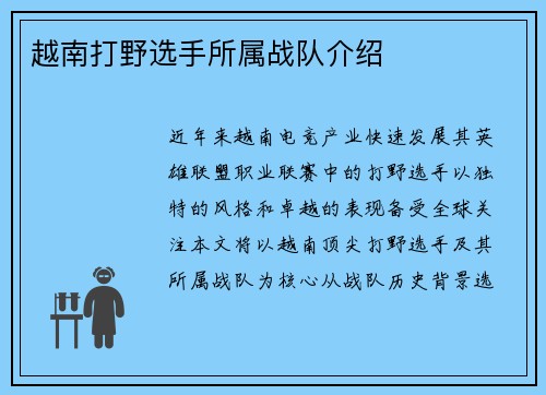 越南打野选手所属战队介绍