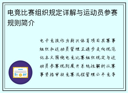 电竞比赛组织规定详解与运动员参赛规则简介
