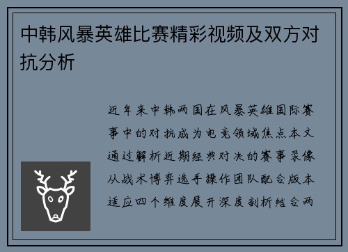 中韩风暴英雄比赛精彩视频及双方对抗分析